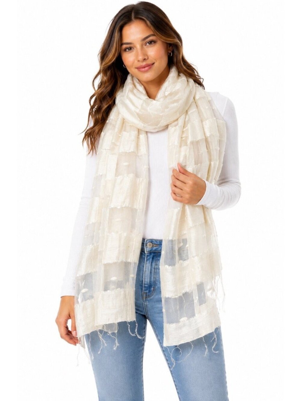 Blue Pacific 100% Silk Scarf Ivory Cream Sheer Textured Fringe Boho Wrap Shawl